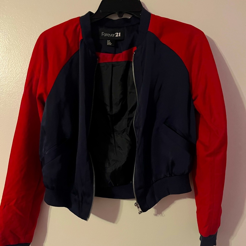 Blue and red varsity sports jacket